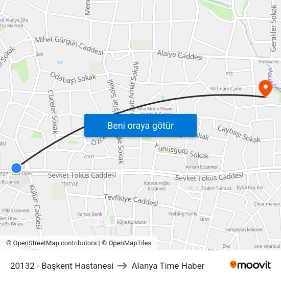 20132 - Başkent Hastanesi to Alanya Time Haber map