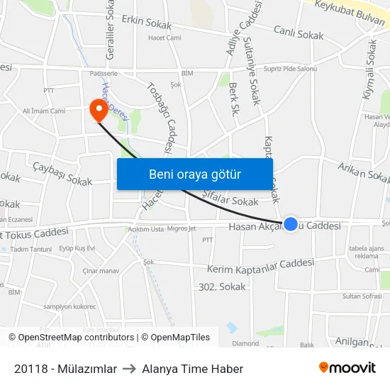 20118 - Mülazımlar to Alanya Time Haber map