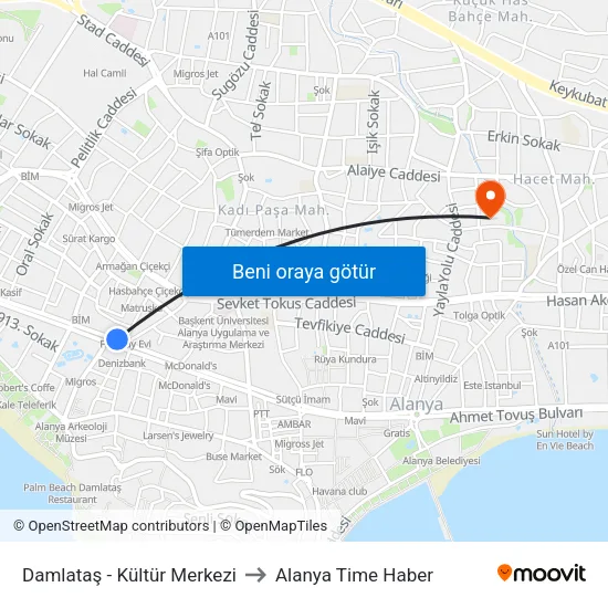 Damlataş - Kültür Merkezi to Alanya Time Haber map