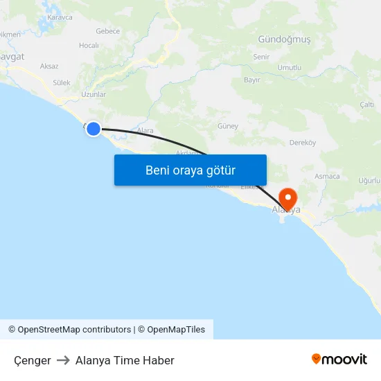 Çenger to Alanya Time Haber map