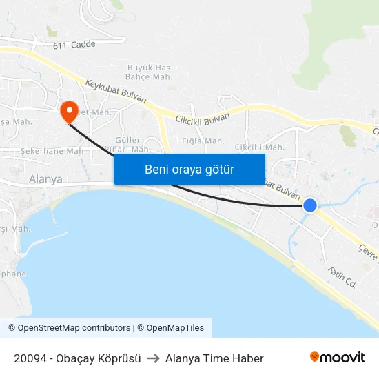 20094 - Obaçay Köprüsü to Alanya Time Haber map