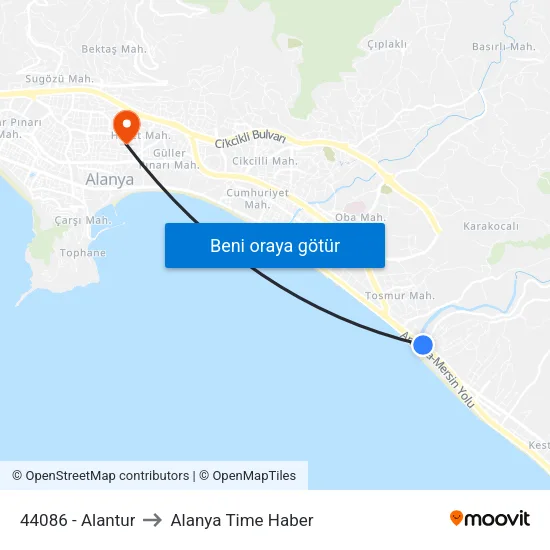 44086 - Alantur to Alanya Time Haber map
