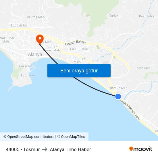 44005 - Tosmur to Alanya Time Haber map