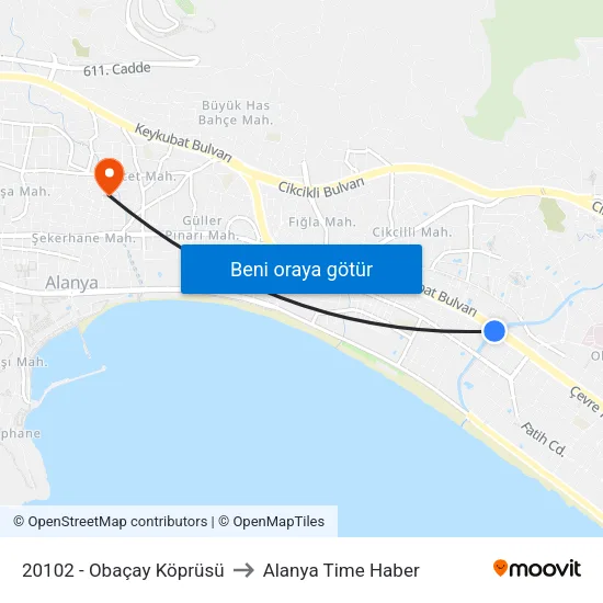 20102 - Obaçay Köprüsü to Alanya Time Haber map