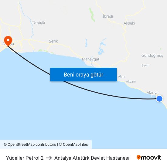 Yüceller Petrol 2 to Antalya Atatürk Devlet Hastanesi map