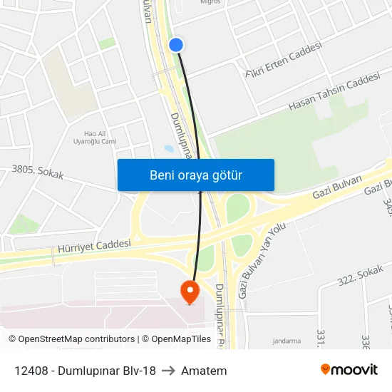 12408 - Dumlupınar Blv-18 to Amatem map