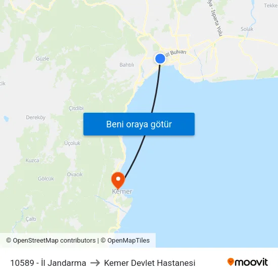 10589 - İl Jandarma to Kemer Devlet Hastanesi map