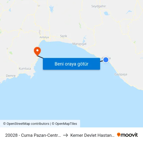 20028 - Cuma Pazarı-Centrum to Kemer Devlet Hastanesi map