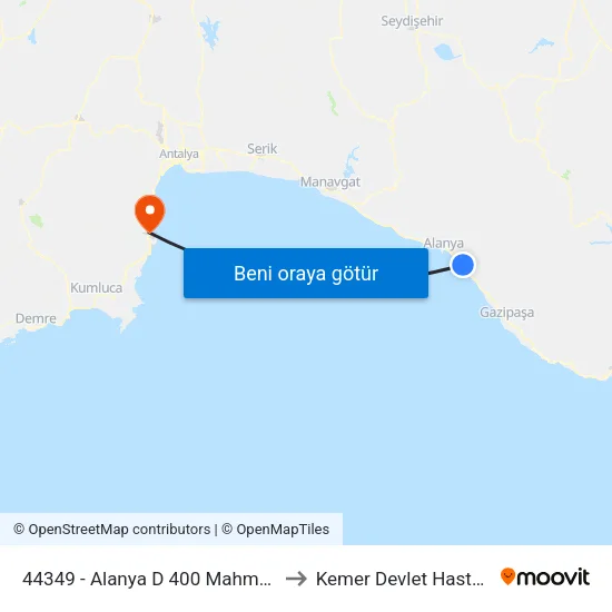 44349 - Alanya D 400 Mahmutlar-2 to Kemer Devlet Hastanesi map
