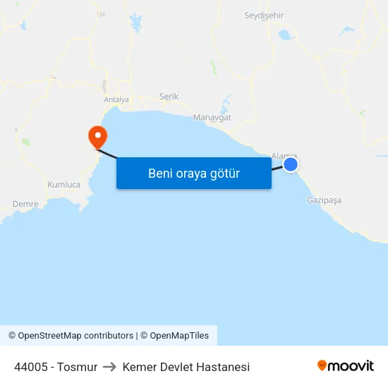 44005 - Tosmur to Kemer Devlet Hastanesi map