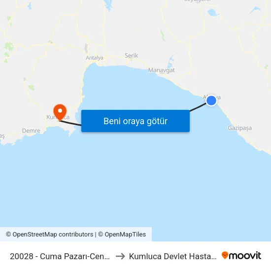 20028 - Cuma Pazarı-Centrum to Kumluca Devlet Hastanesi map