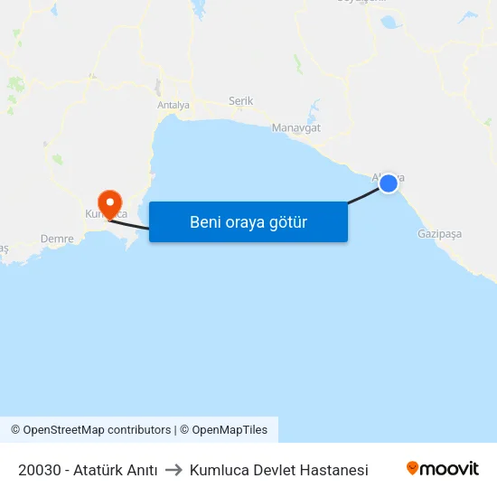 20030 - Atatürk Anıtı to Kumluca Devlet Hastanesi map