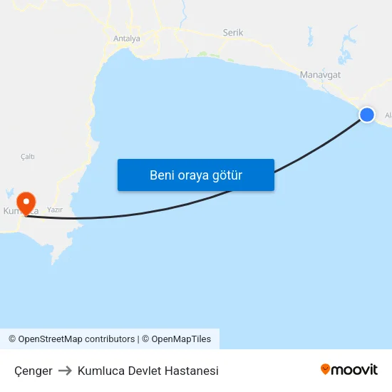 Çenger to Kumluca Devlet Hastanesi map