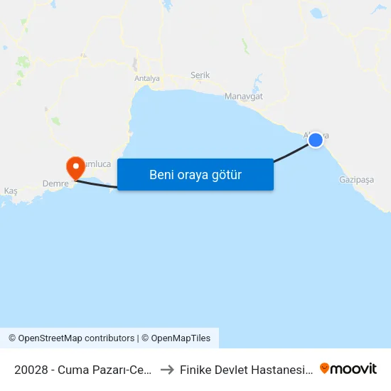 20028 - Cuma Pazarı-Centrum to Finike Devlet Hastanesi-ACİL map