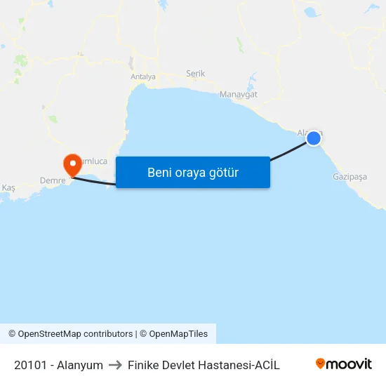 20101 - Alanyum to Finike Devlet Hastanesi-ACİL map
