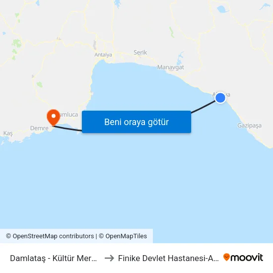 Damlataş - Kültür Merkezi to Finike Devlet Hastanesi-ACİL map
