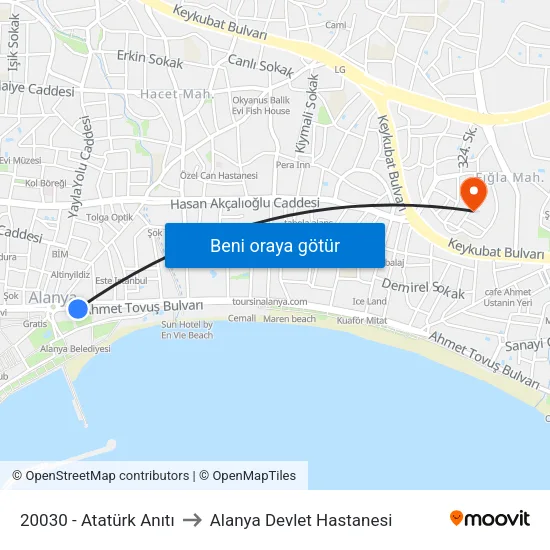 20030 - Atatürk Anıtı to Alanya Devlet Hastanesi map