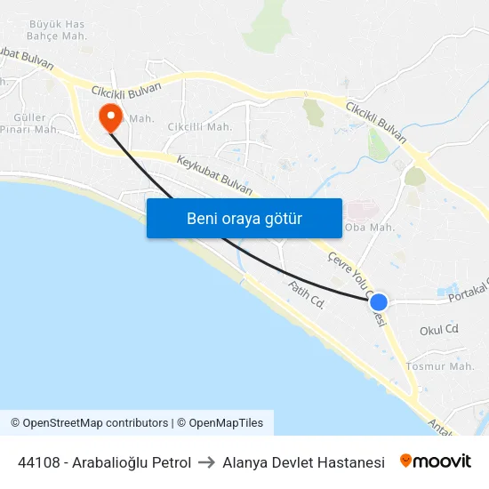44108 - Arabalioğlu Petrol to Alanya Devlet Hastanesi map