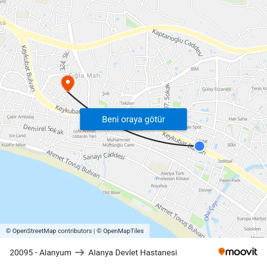 20095 - Alanyum to Alanya Devlet Hastanesi map