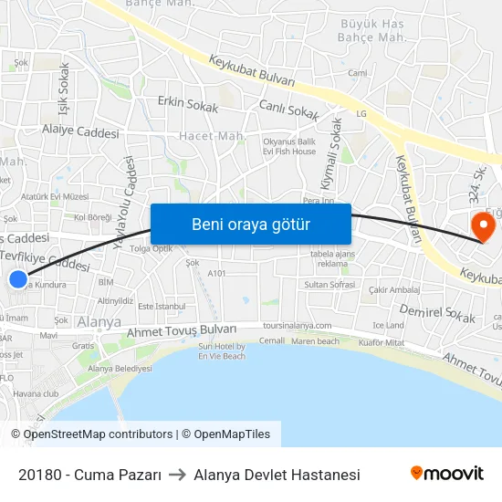 20180 - Cuma Pazarı to Alanya Devlet Hastanesi map