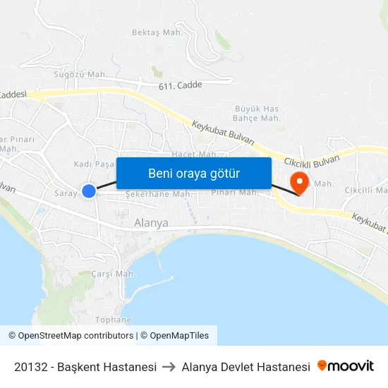 20132 - Başkent Hastanesi to Alanya Devlet Hastanesi map