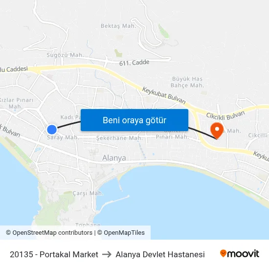 20135 - Portakal Market to Alanya Devlet Hastanesi map