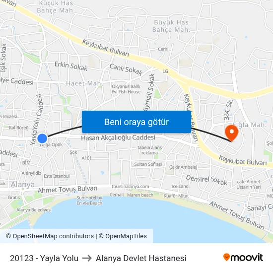 20123 - Yayla Yolu to Alanya Devlet Hastanesi map
