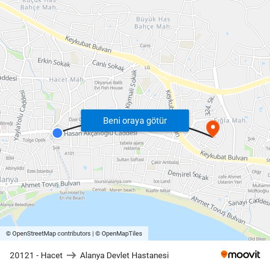 20121 - Hacet to Alanya Devlet Hastanesi map