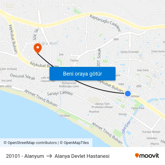 20101 - Alanyum to Alanya Devlet Hastanesi map