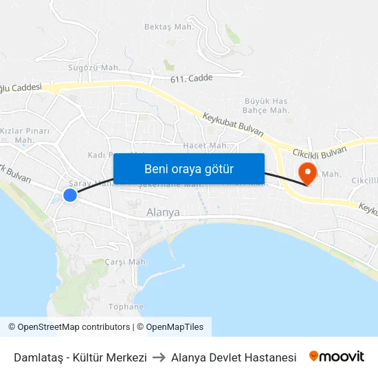 Damlataş - Kültür Merkezi to Alanya Devlet Hastanesi map