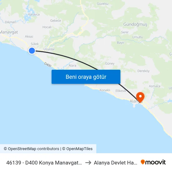 46139 - D400 Konya Manavgat Karayolu-2 to Alanya Devlet Hastanesi map