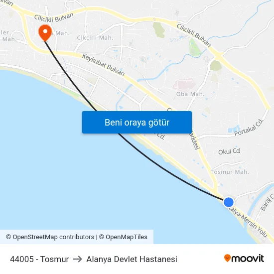 44005 - Tosmur to Alanya Devlet Hastanesi map