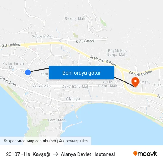 20137 - Hal Kavşağı to Alanya Devlet Hastanesi map