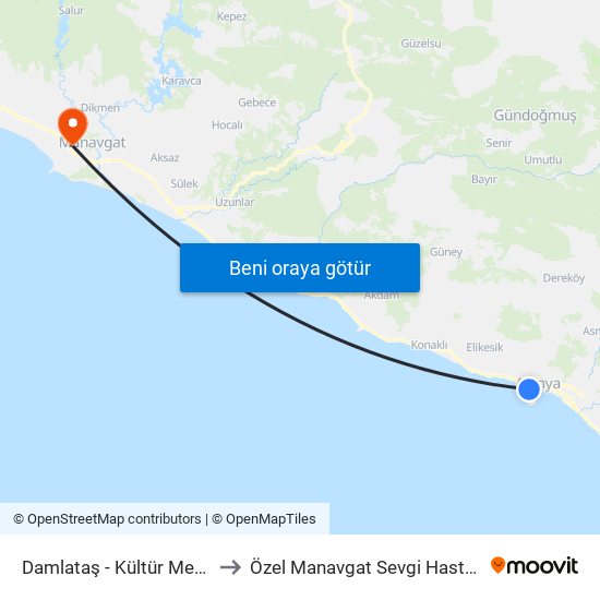 Damlataş - Kültür Merkezi to Özel Manavgat Sevgi Hastanesi map