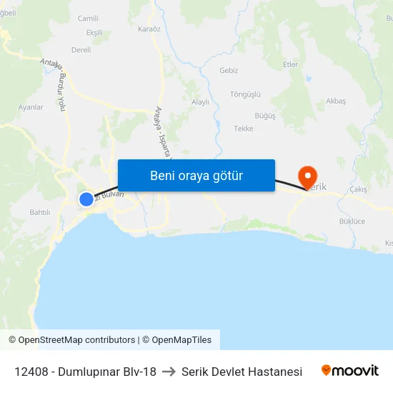 12408 - Dumlupınar Blv-18 to Serik Devlet Hastanesi map