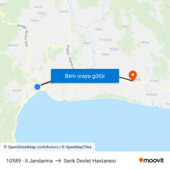 10589 - İl Jandarma to Serik Devlet Hastanesi map