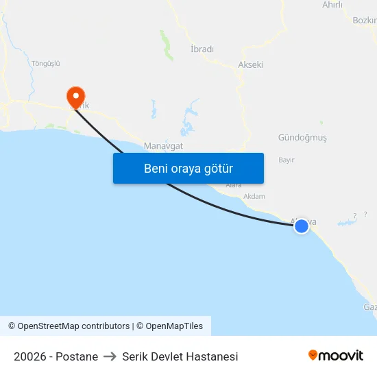 20026 - Postane to Serik Devlet Hastanesi map
