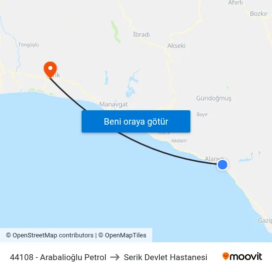 44108 - Arabalioğlu Petrol to Serik Devlet Hastanesi map