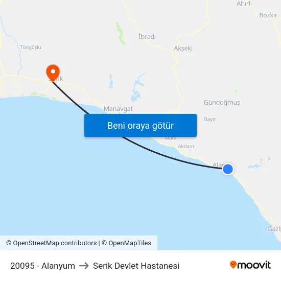 20095 - Alanyum to Serik Devlet Hastanesi map