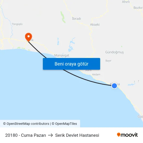 20180 - Cuma Pazarı to Serik Devlet Hastanesi map