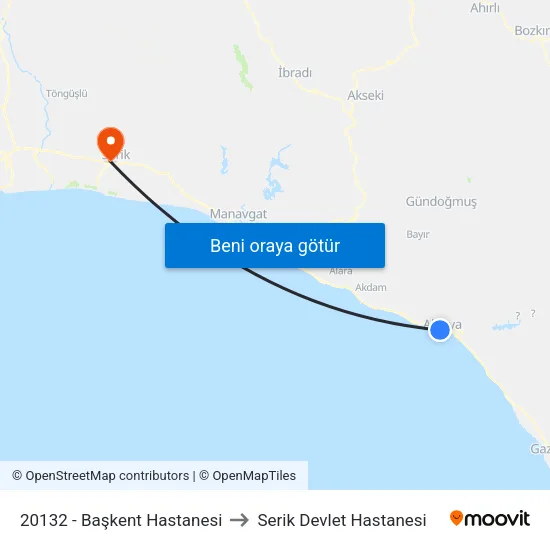 20132 - Başkent Hastanesi to Serik Devlet Hastanesi map