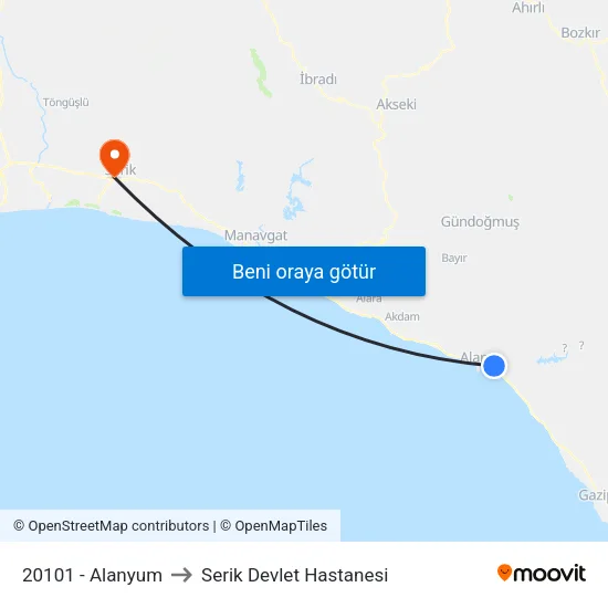 20101 - Alanyum to Serik Devlet Hastanesi map