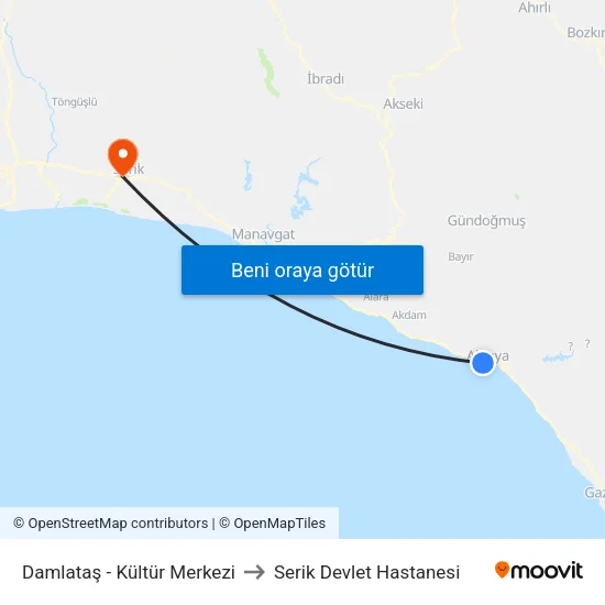 Damlataş - Kültür Merkezi to Serik Devlet Hastanesi map