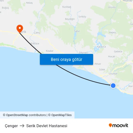Çenger to Serik Devlet Hastanesi map