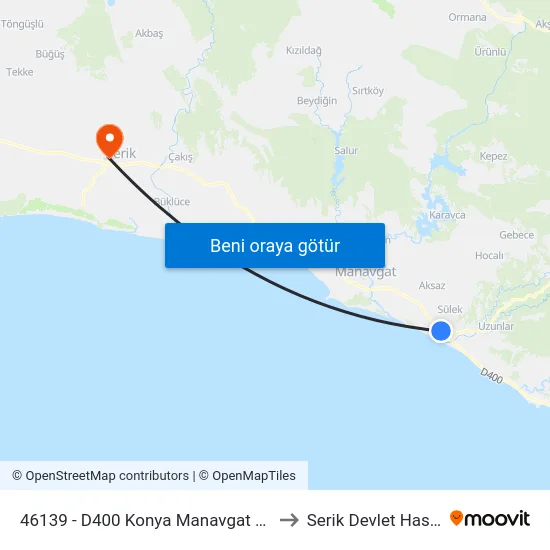 46139 - D400 Konya Manavgat Karayolu-2 to Serik Devlet Hastanesi map