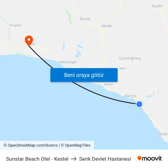 Sunstar Beach Otel - Kestel to Serik Devlet Hastanesi map
