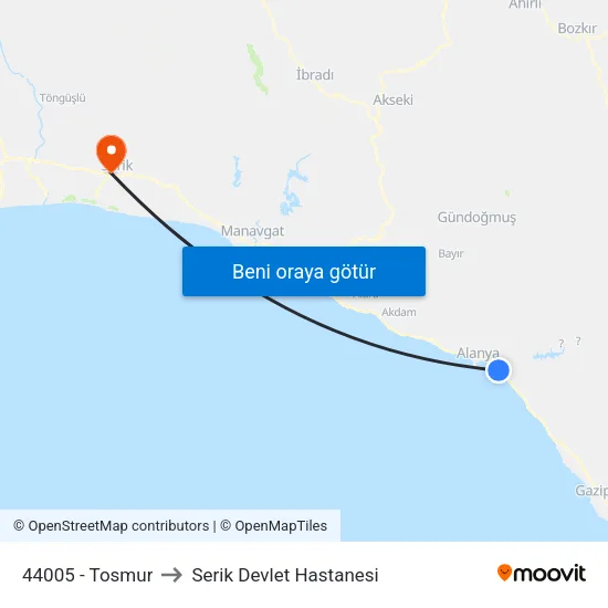 44005 - Tosmur to Serik Devlet Hastanesi map