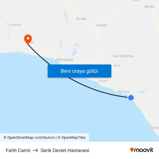 Fatih Camii to Serik Devlet Hastanesi map