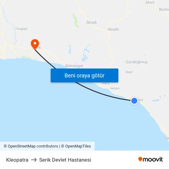 Kleopatra to Serik Devlet Hastanesi map