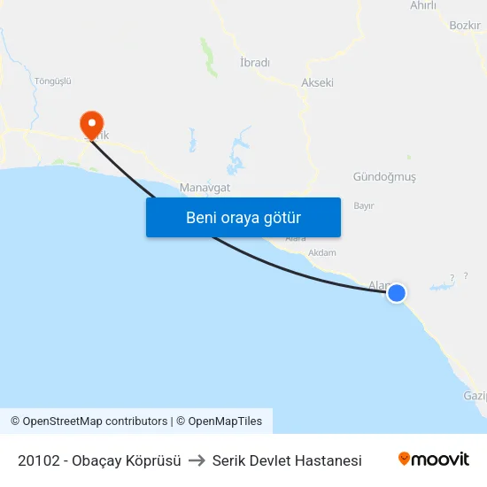20102 - Obaçay Köprüsü to Serik Devlet Hastanesi map